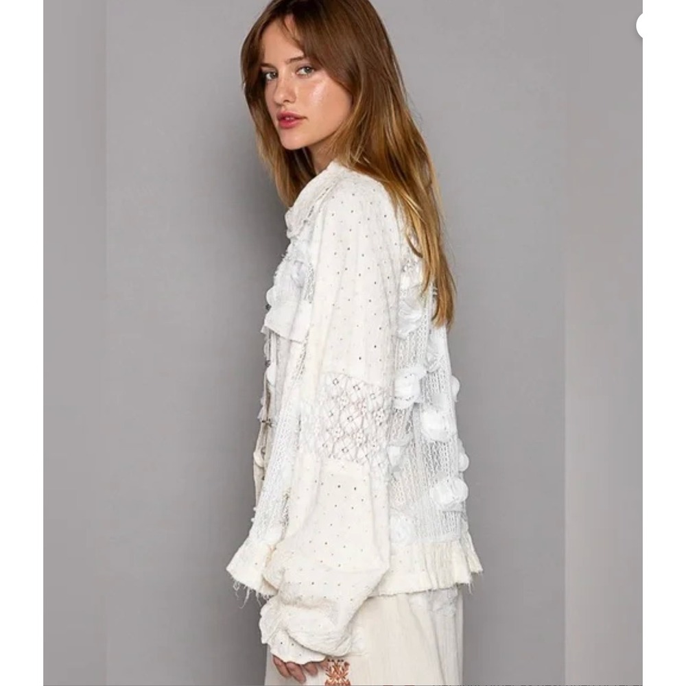Eyelet Lace Rose Flower Pearl Button Down Ballon Sleeve Feminine Cottagecore Top - Picture 2 of 5